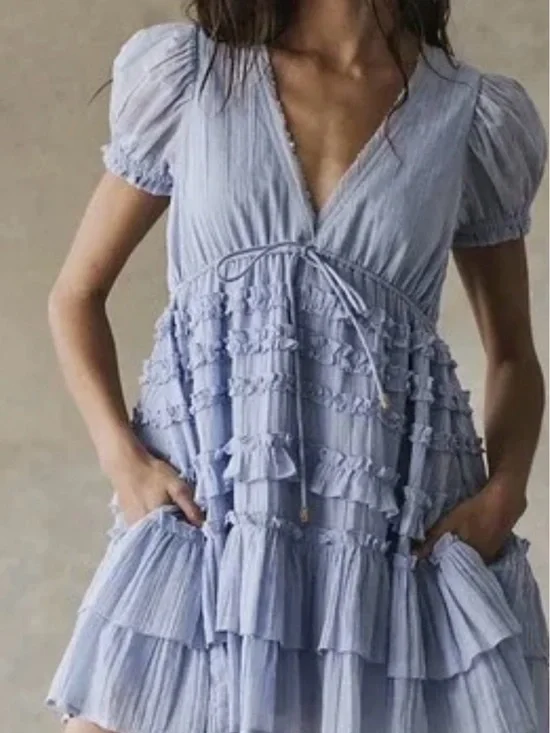 Free People Light Blue Darcy Ruffled Mini Dress - M - Picture 4 of 12